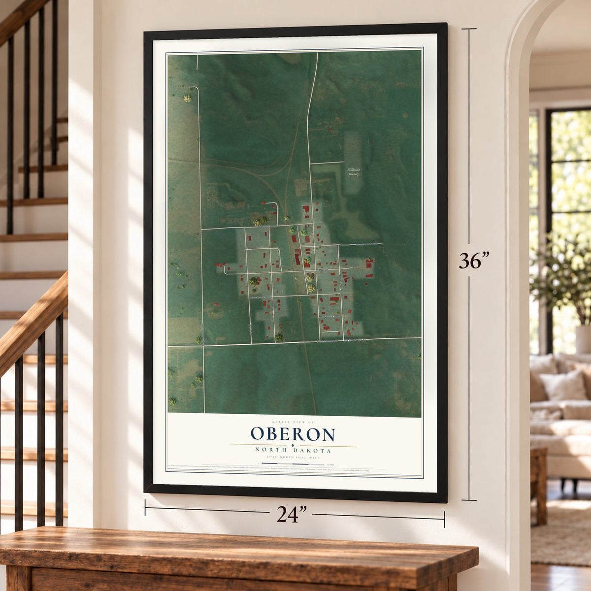 Oberon, North Dakota map, 24 x 36 inch print in a black frame by a staircase