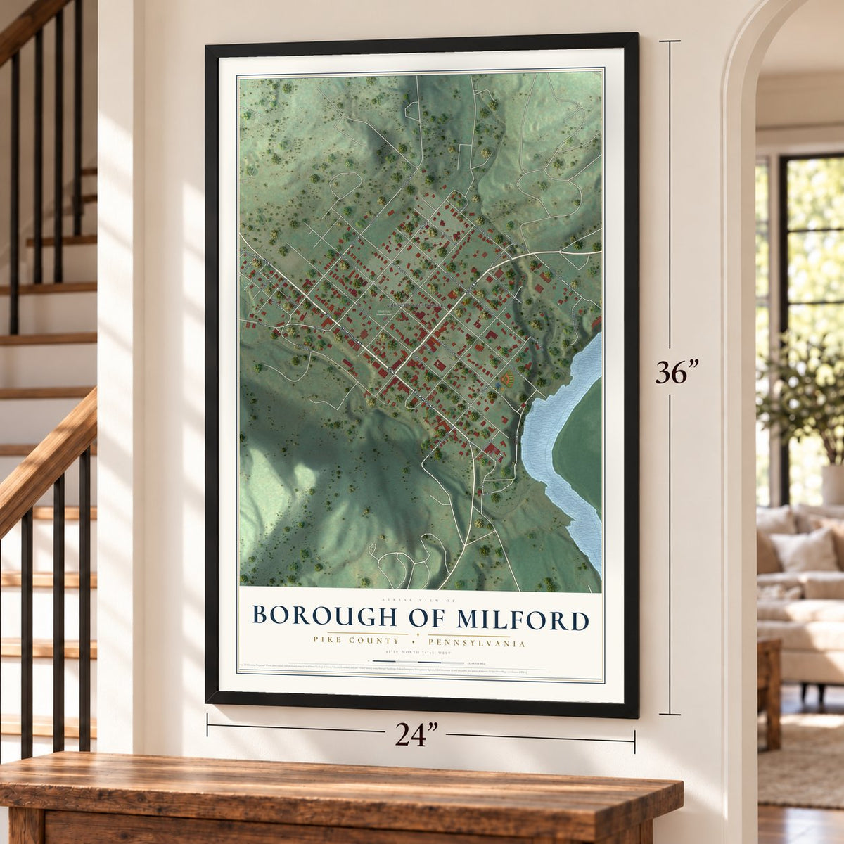 Borough of Milford, Pike County, Pennsylvania map, 24 x 36 inch print in a black frame by a staircase