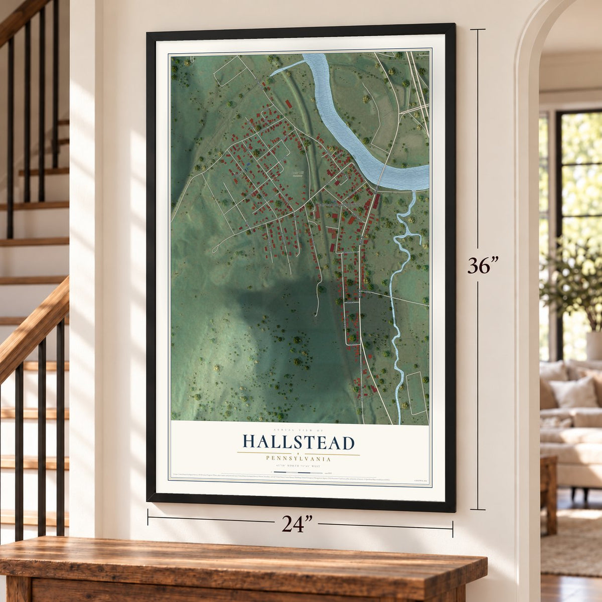 Hallstead, Pennsylvania map, 24 x 36 inch print in a black frame by a staircase