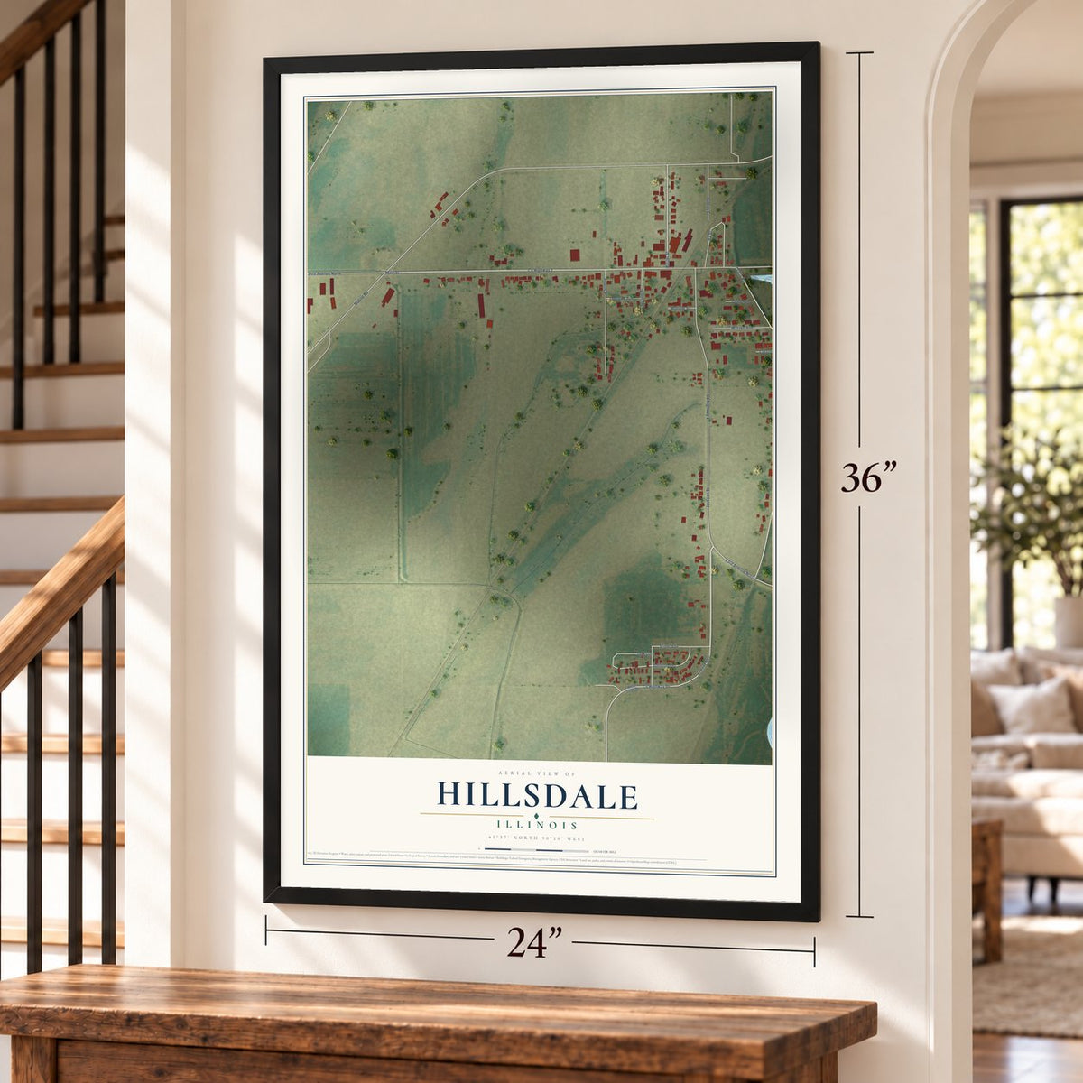 Hillsdale, Illinois map, 24 x 36 inch print in a black frame by a staircase