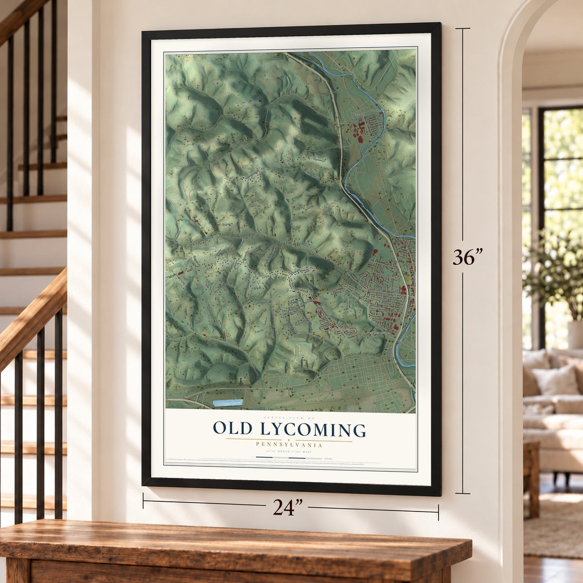Old Lycoming, Pennsylvania map, 24 x 36 inch print in a black frame by a staircase