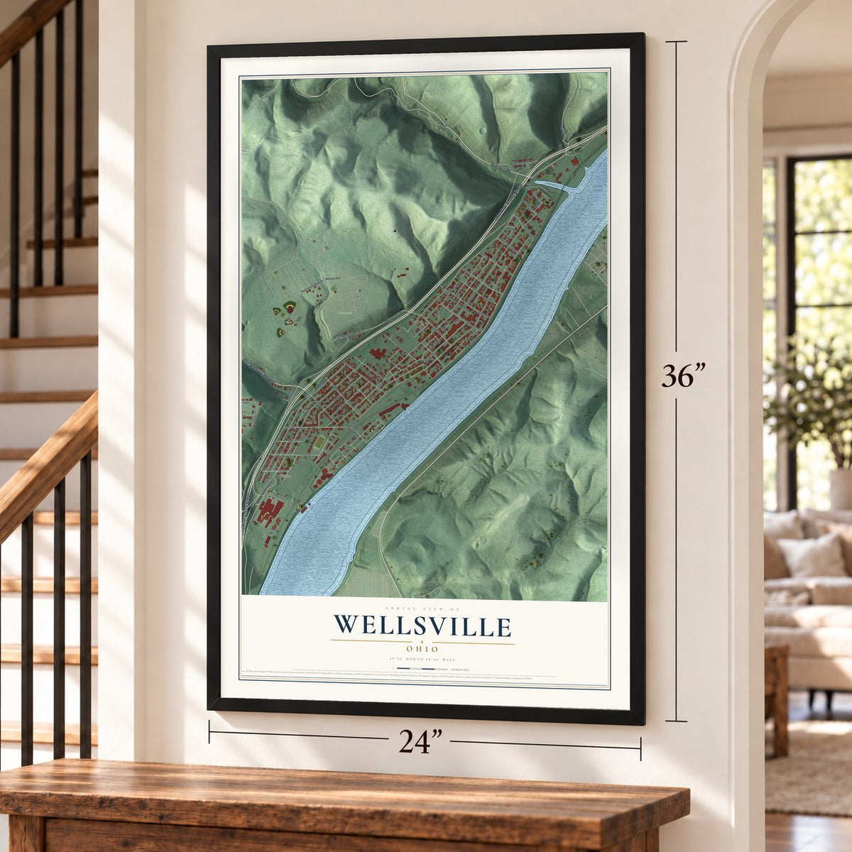 Wellsville, Ohio map, 24 x 36 inch print in a black frame by a staircase