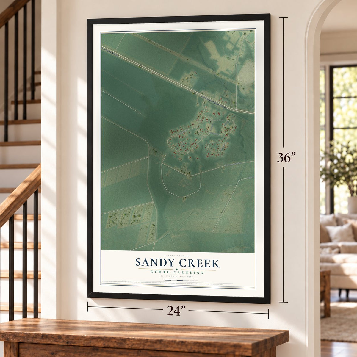 Sandy Creek, North Carolina map, 24 x 36 inch print in a black frame by a staircase