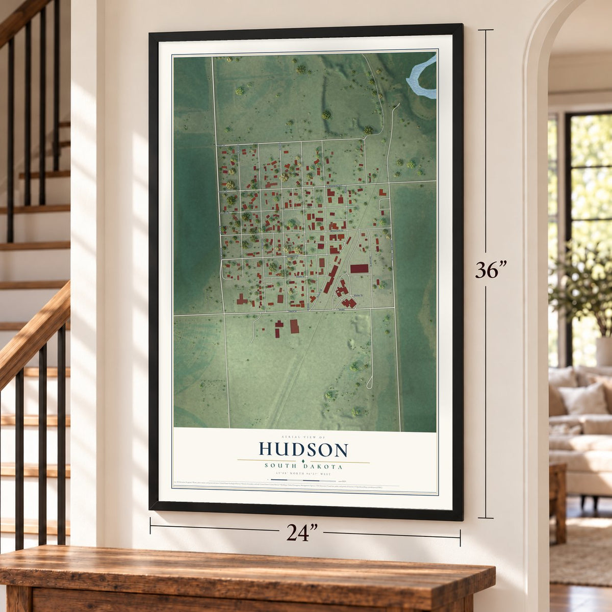Hudson, South Dakota map, 24 x 36 inch print in a black frame by a staircase