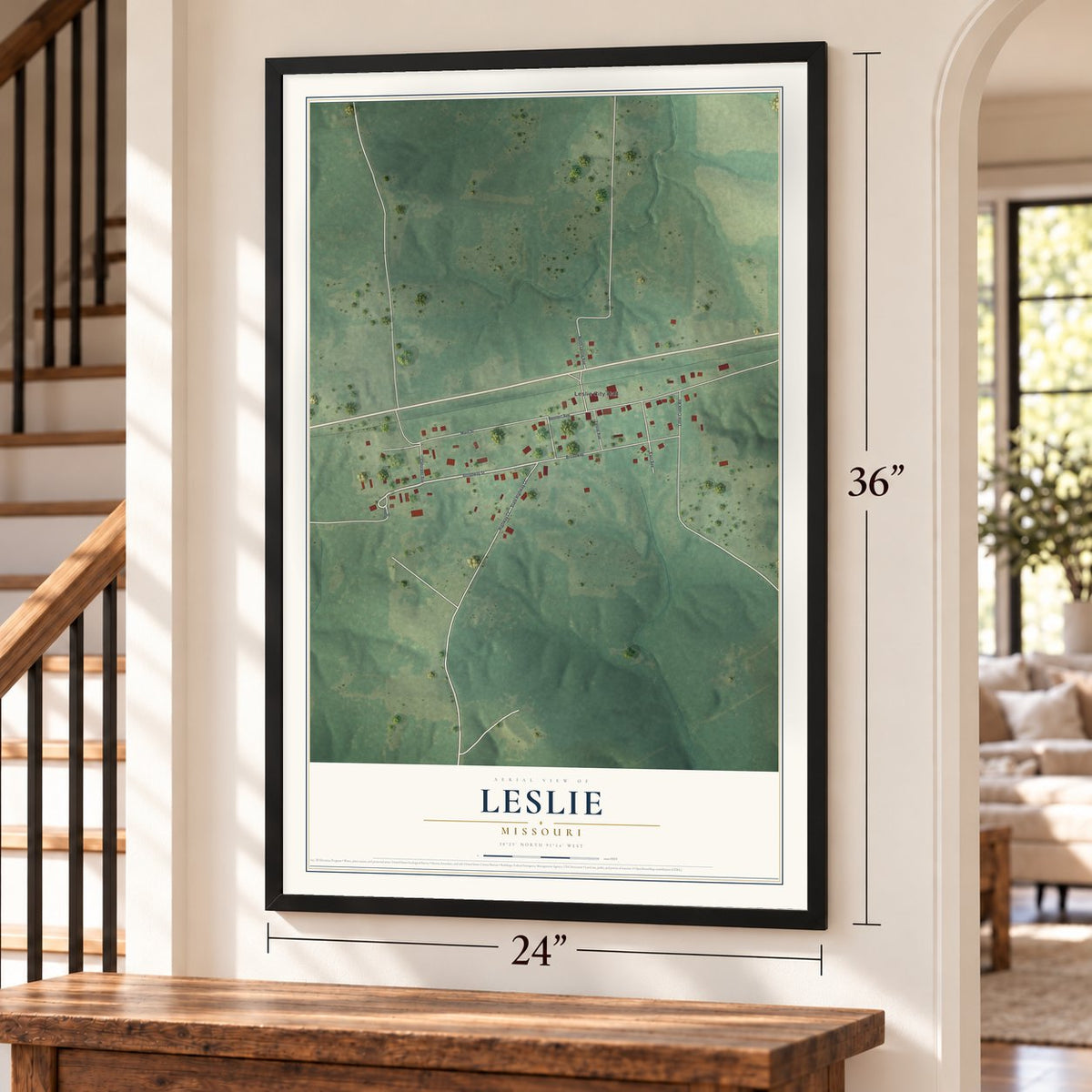 Leslie, Missouri map, 24 x 36 inch print in a black frame by a staircase