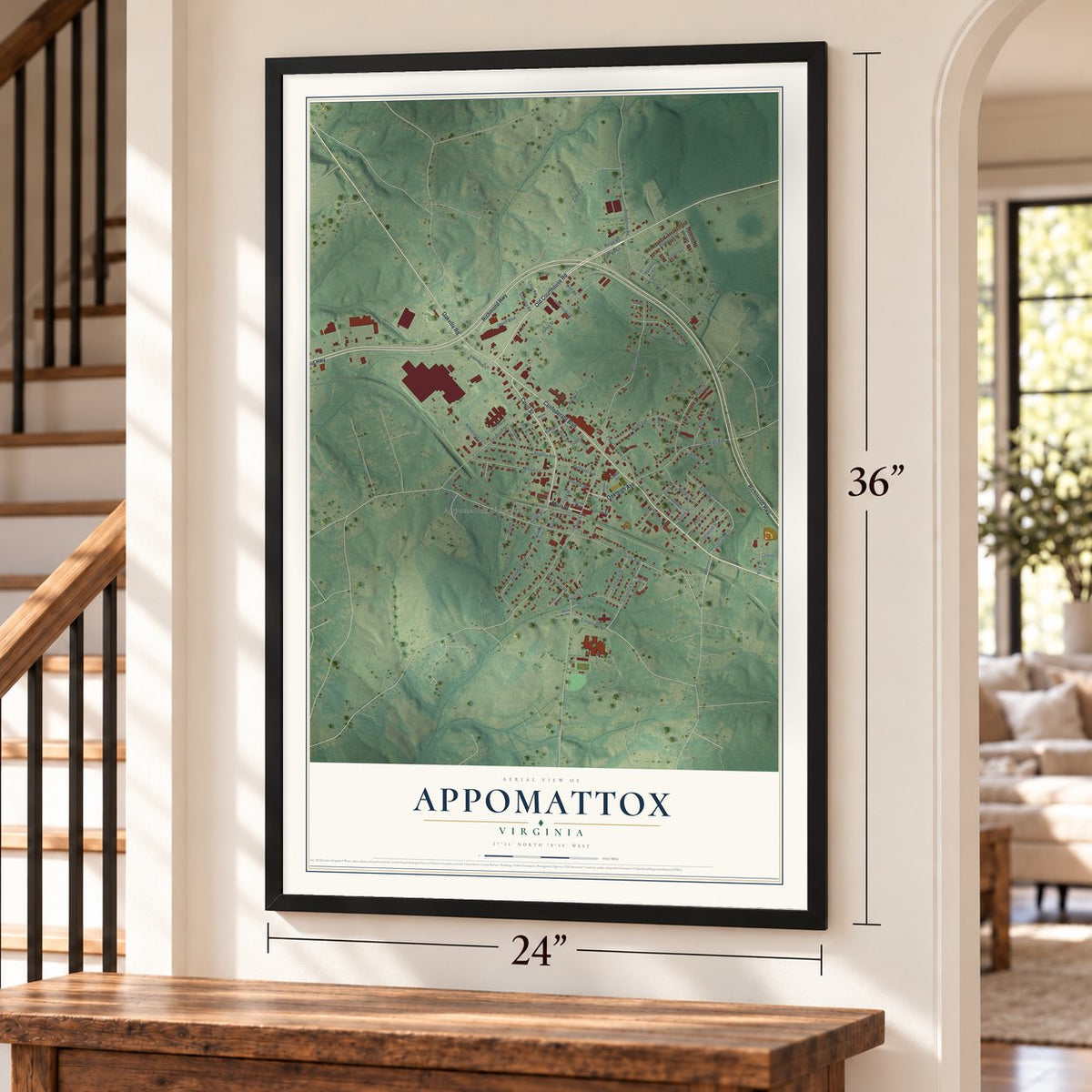 Appomattox, Virginia map, 24 x 36 inch print in a black frame by a staircase