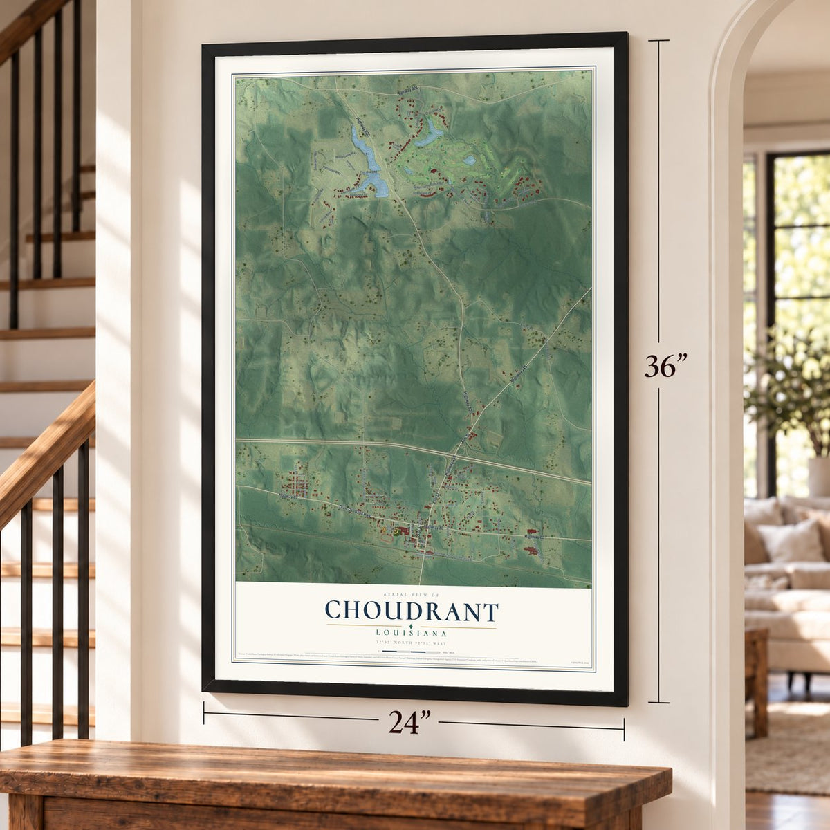Choudrant, Louisiana map, 24 x 36 inch print in a black frame by a staircase