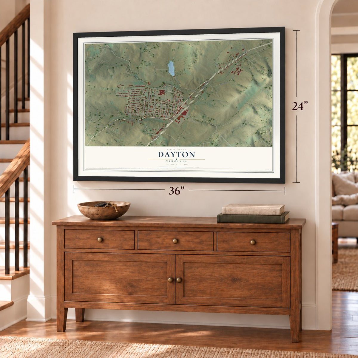Dayton, Virginia map, 24 x 36 inch print in a black frame above a dresser by a staircase