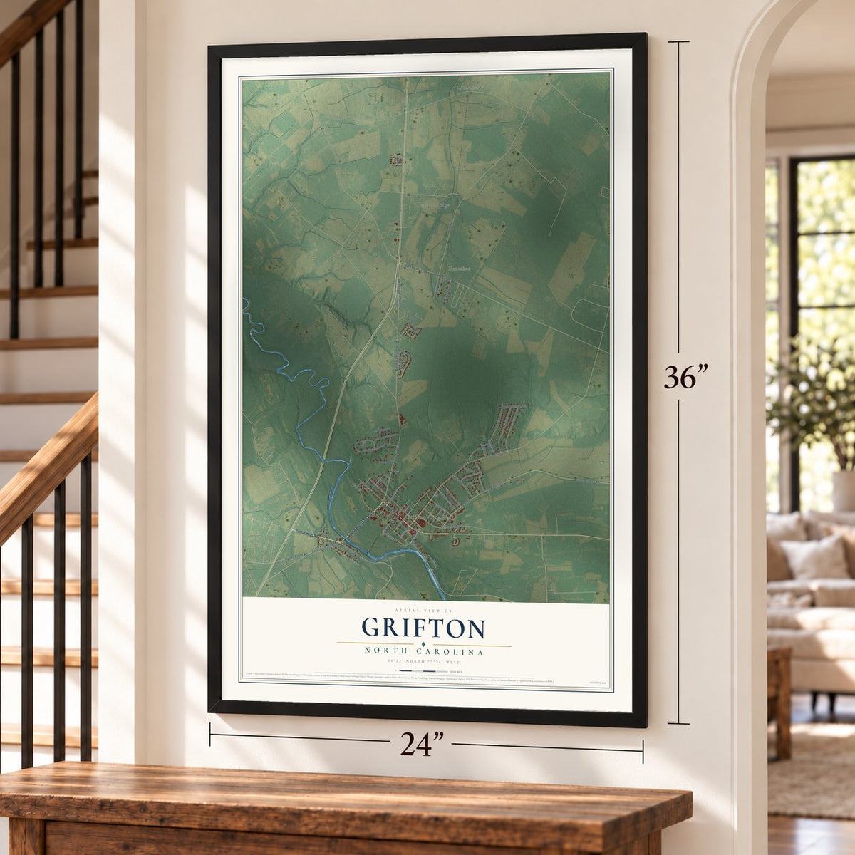 Grifton, North Carolina map, 24 x 36 inch print in a black frame by a staircase
