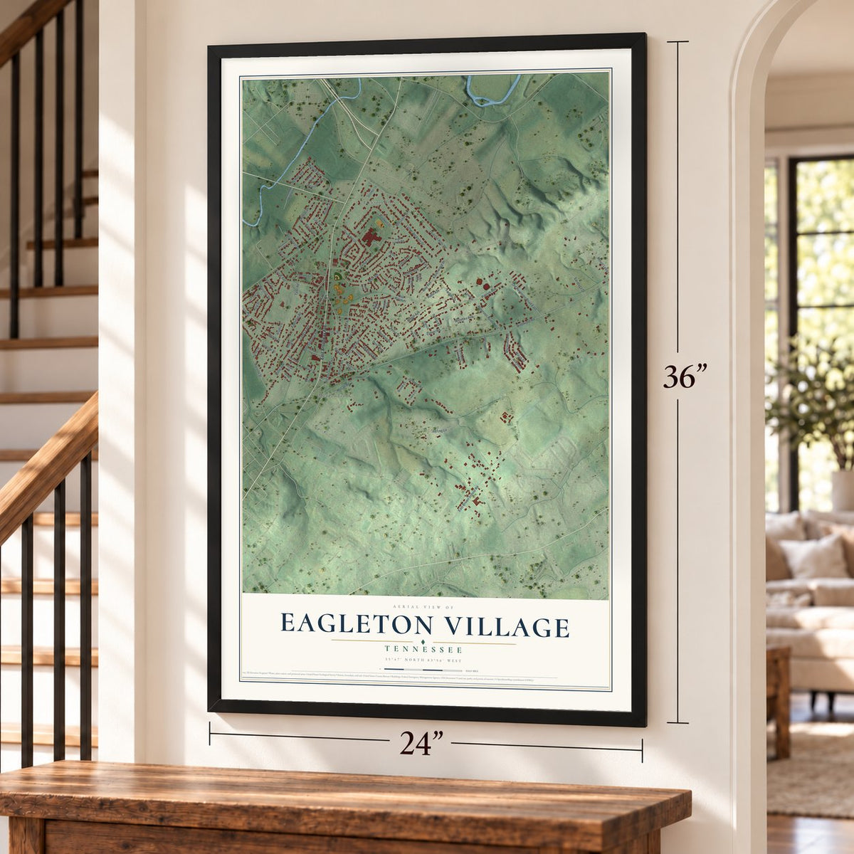 Eagleton Village, Tennessee map, 24 x 36 inch print in a black frame by a staircase