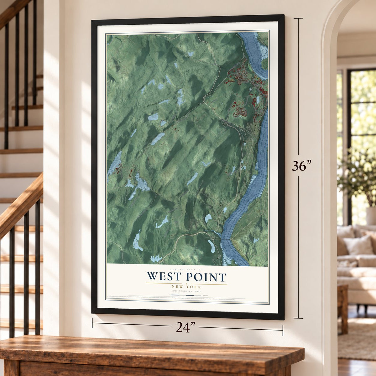 West Point, New York map, 24 x 36 inch print in a black frame by a staircase