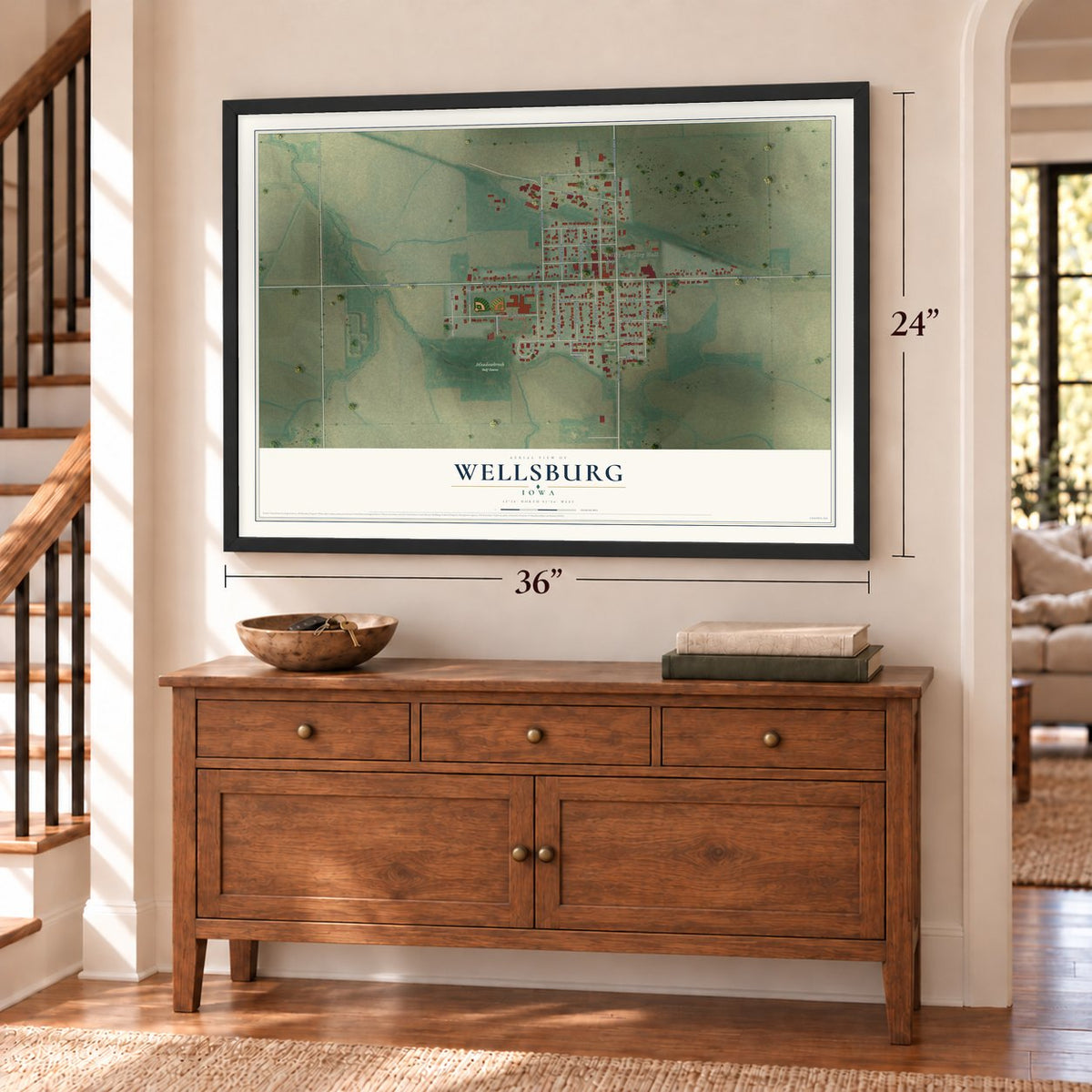 Wellsburg, Iowa map, 24 x 36 inch print in a black frame above a dresser by a staircase