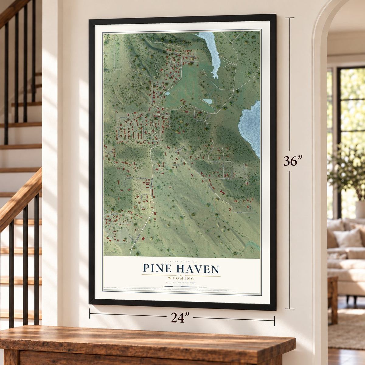 Pine Haven, Wyoming map, 24 x 36 inch print in a black frame by a staircase