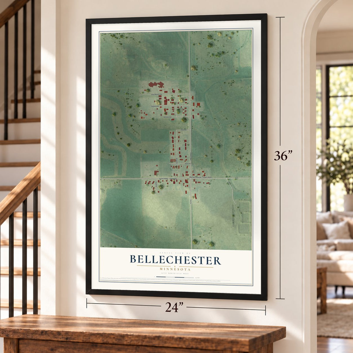 Bellechester, Minnesota map, 24 x 36 inch print in a black frame by a staircase
