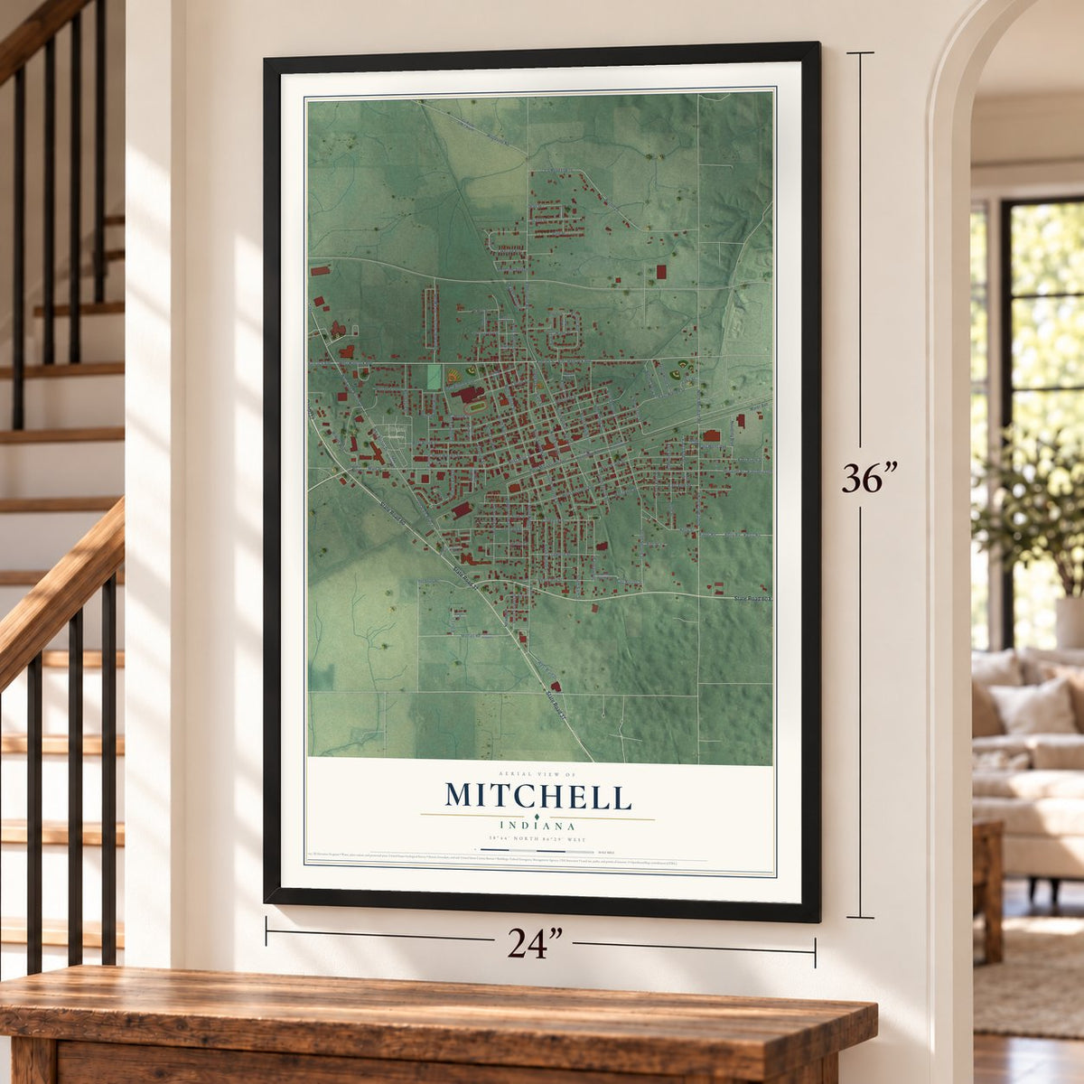 Mitchell, Indiana map, 24 x 36 inch print in a black frame by a staircase