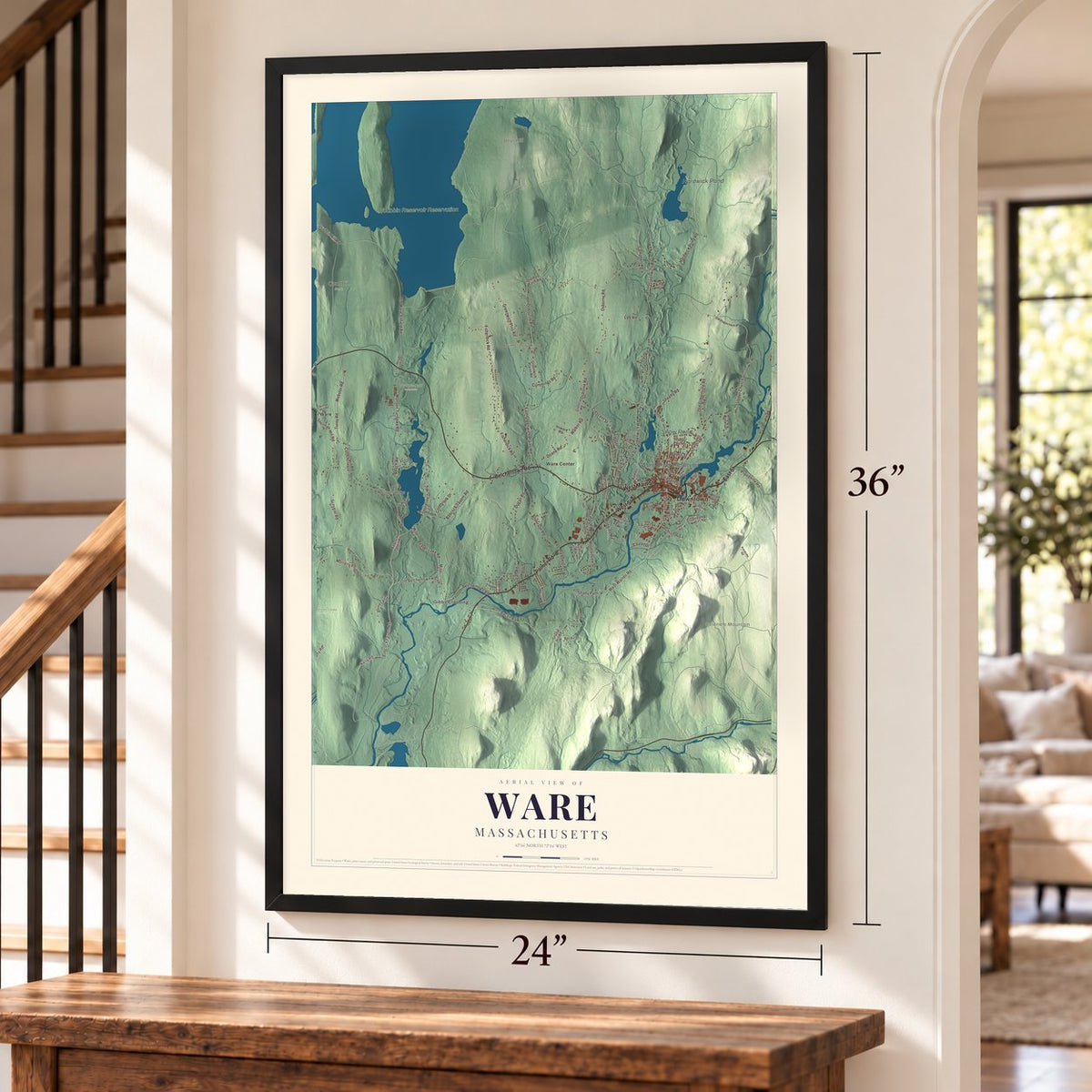 Ware, Massachusetts map, 24 x 36 inch print in a black frame by a staircase