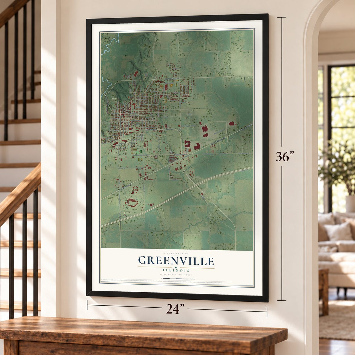 Greenville, Illinois map, 24 x 36 inch print in a black frame by a staircase