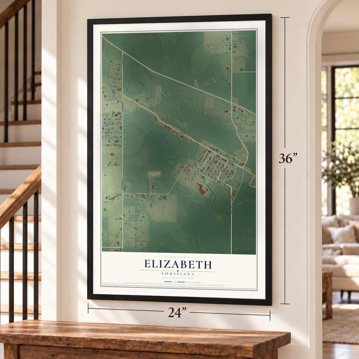 Elizabeth, Louisiana map, 24 x 36 inch print in a black frame by a staircase