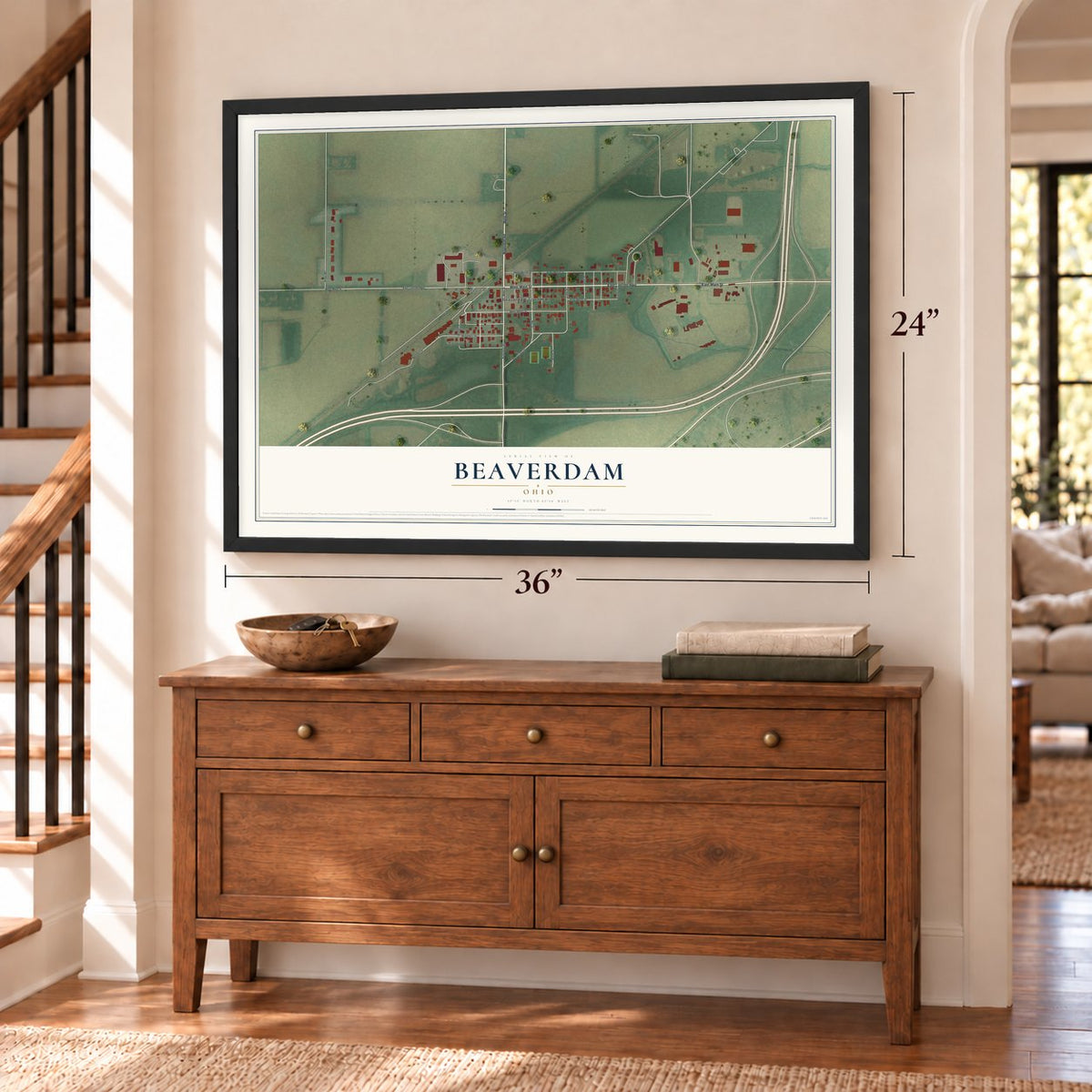 Beaverdam, Ohio map, 24 x 36 inch print in a black frame above a dresser by a staircase