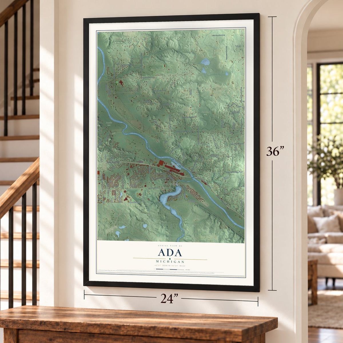 Ada, Michigan map, 24 x 36 inch print in a black frame by a staircase