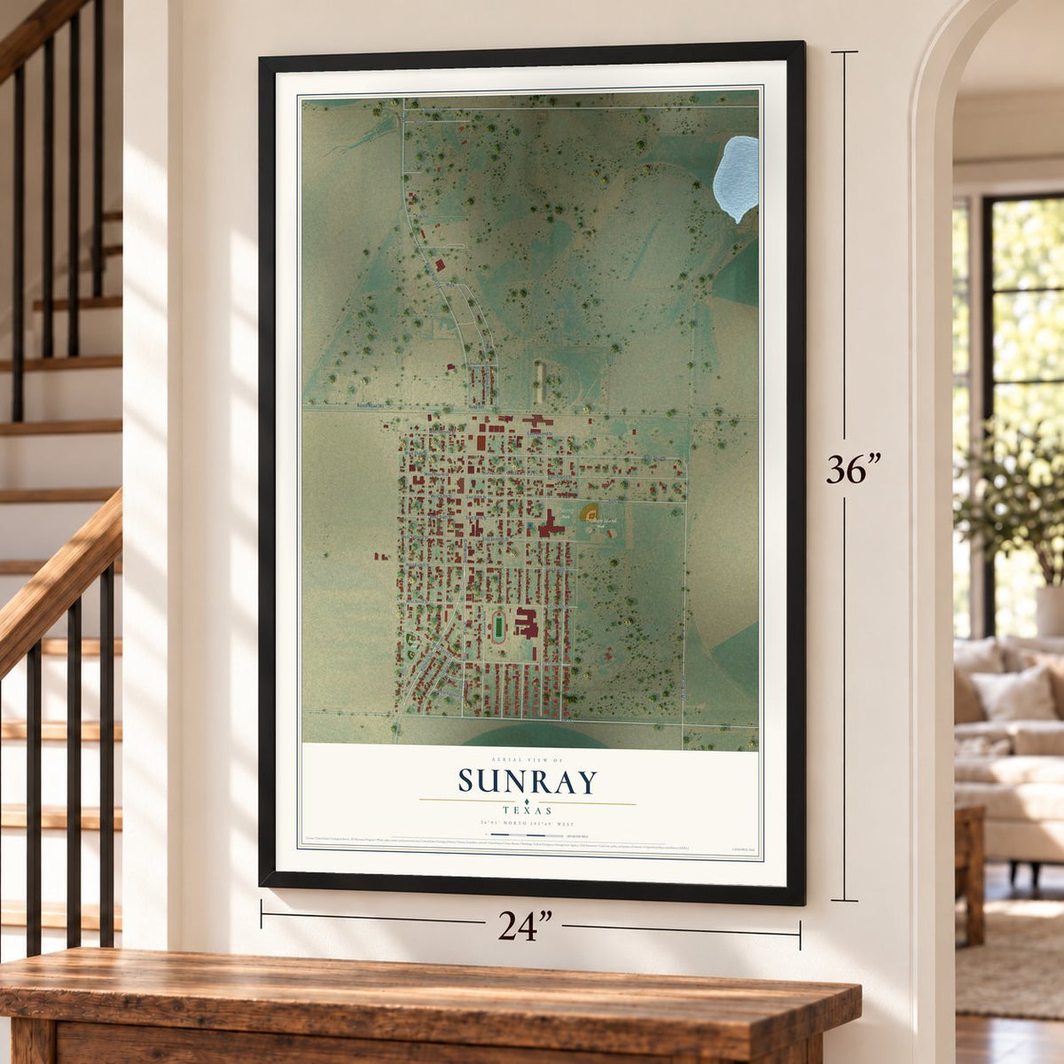 Sunray, Texas map, 24 x 36 inch print in a black frame by a staircase