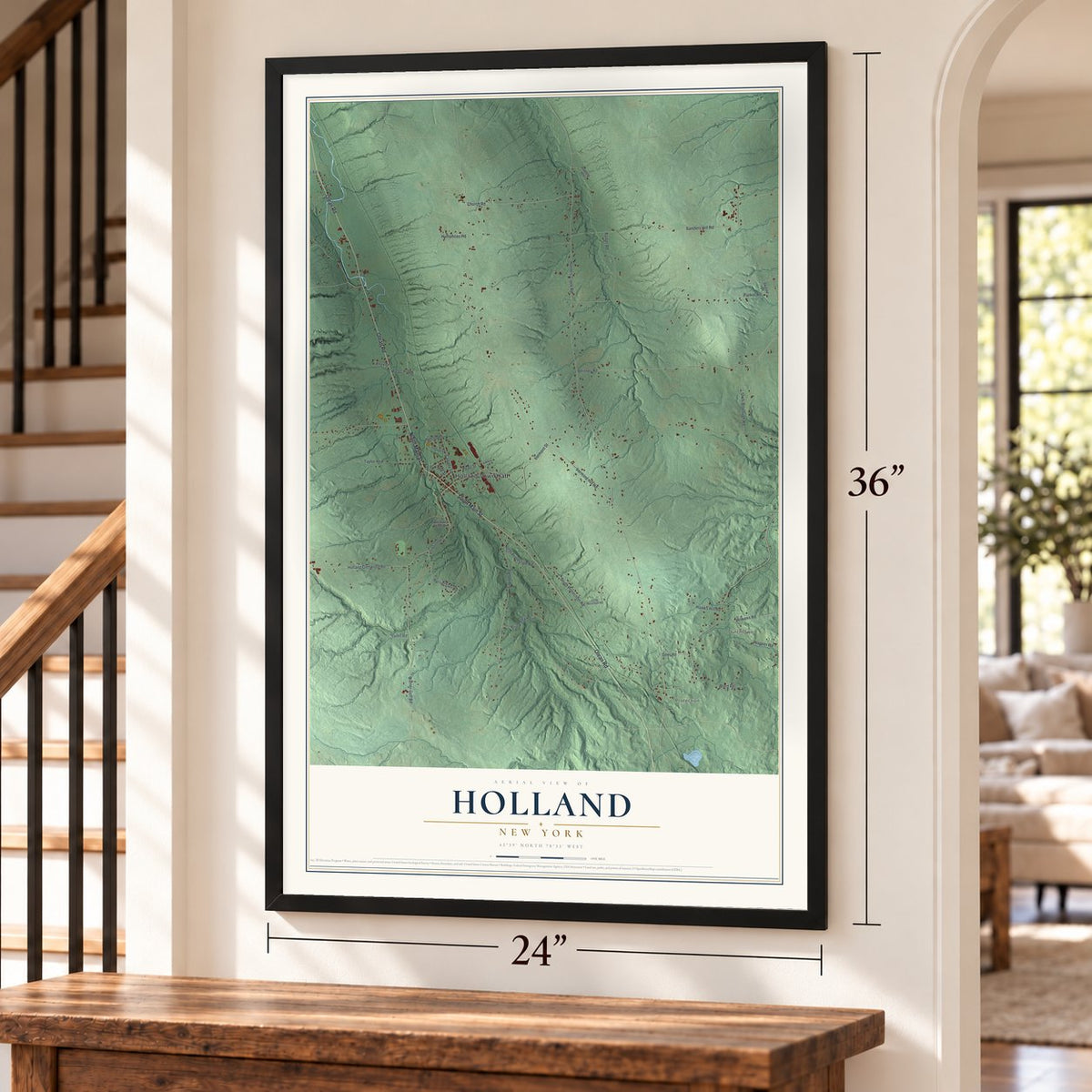 Holland, New York map, 24 x 36 inch print in a black frame by a staircase