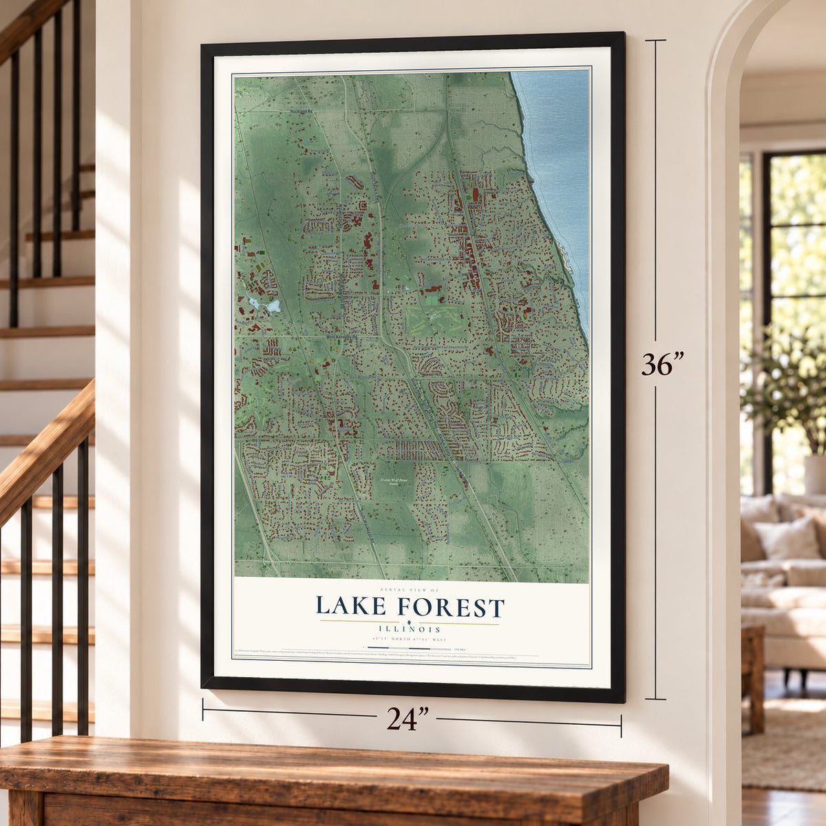 Lake Forest, Illinois map, 24 x 36 inch print in a black frame by a staircase