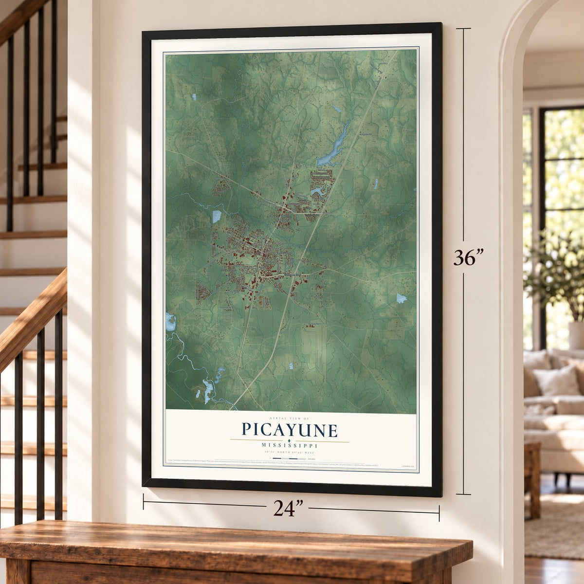 Picayune, Mississippi map, 24 x 36 inch print in a black frame by a staircase