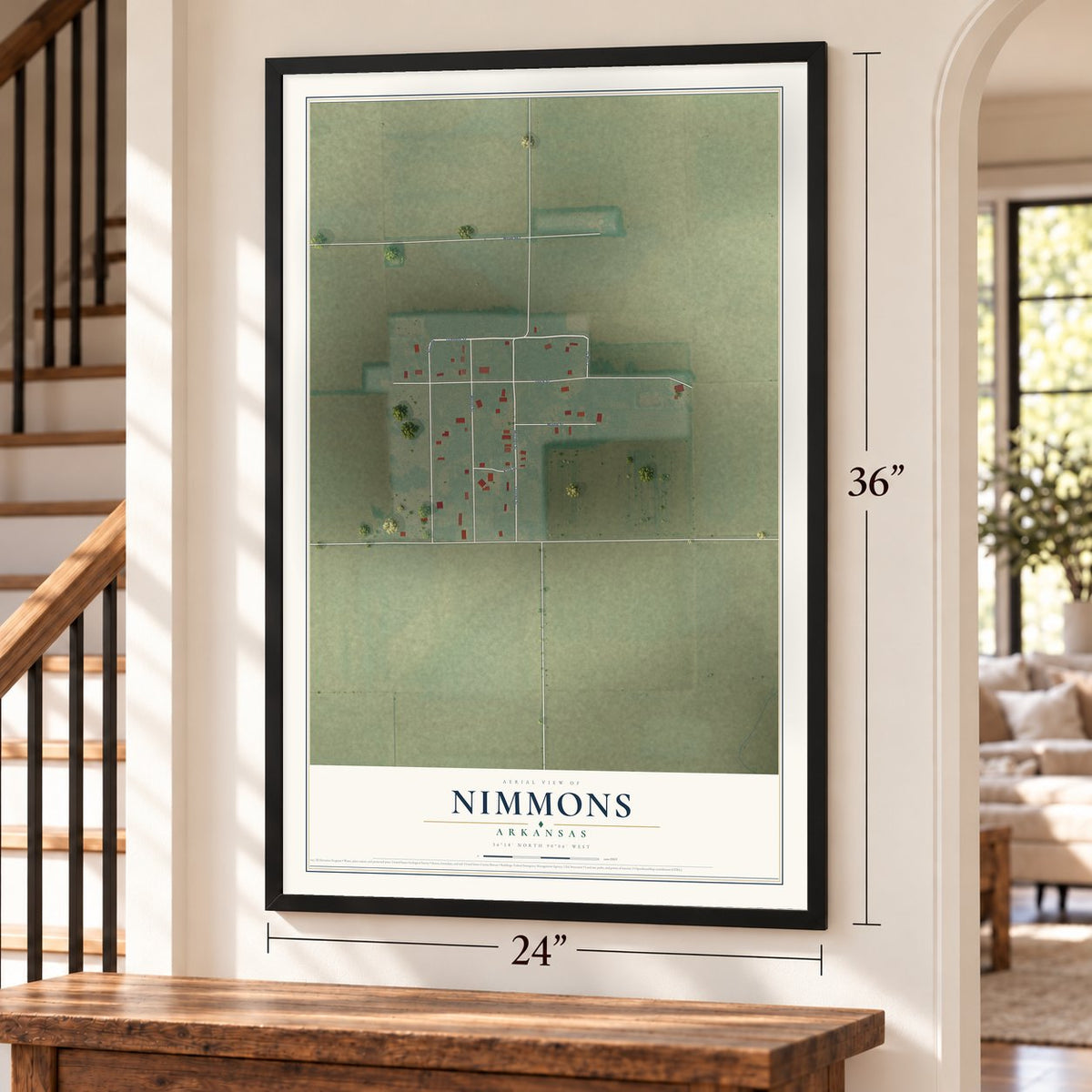 Nimmons, Arkansas map, 24 x 36 inch print in a black frame by a staircase