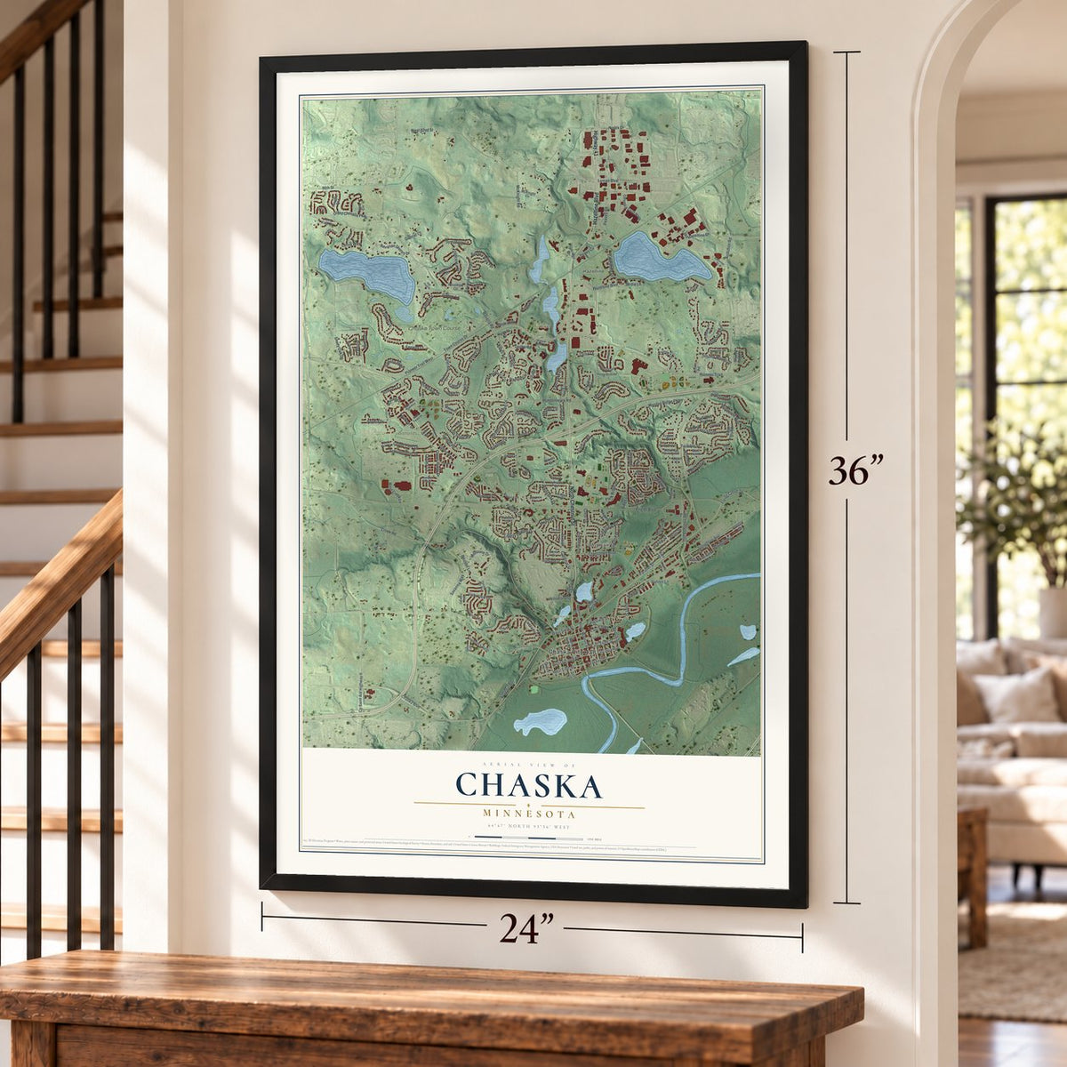 Chaska, Minnesota map, 24 x 36 inch print in a black frame by a staircase