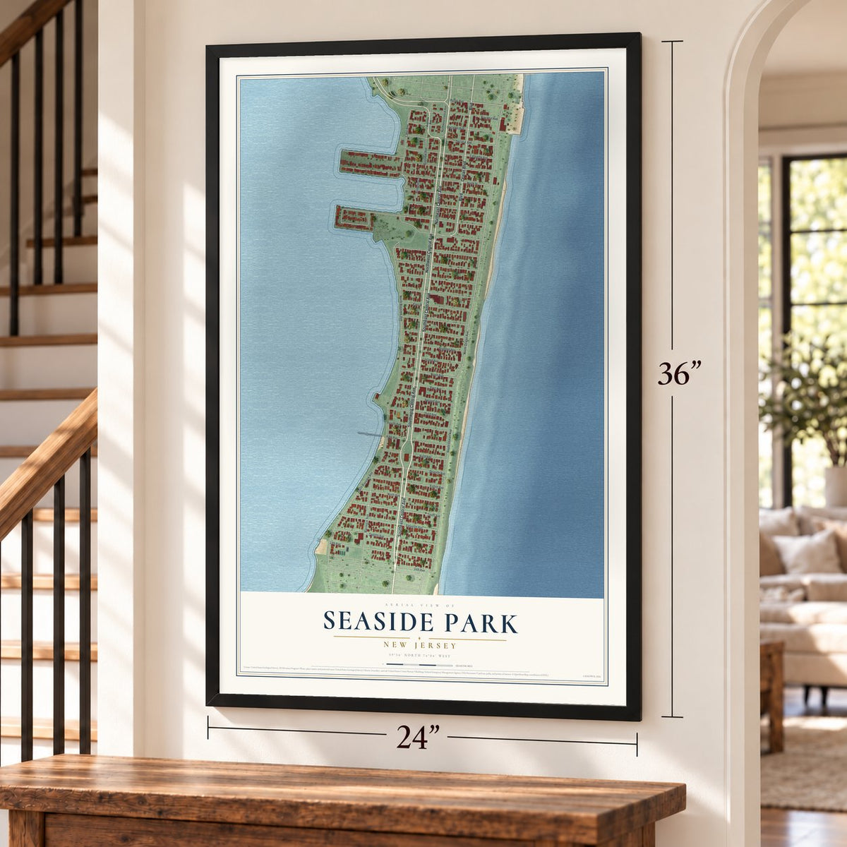Seaside Park, New Jersey map, 24 x 36 inch print in a black frame by a staircase