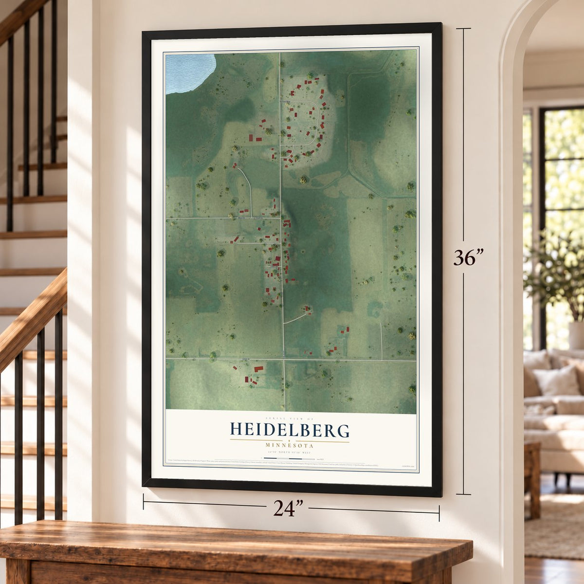Heidelberg, Minnesota map, 24 x 36 inch print in a black frame by a staircase