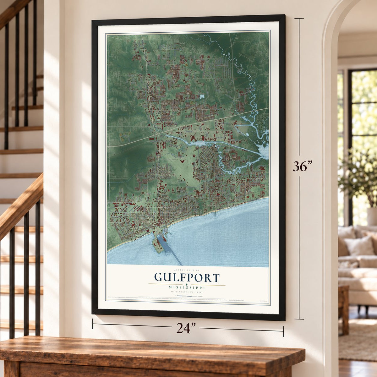 Gulfport, Mississippi map, 24 x 36 inch print in a black frame by a staircase