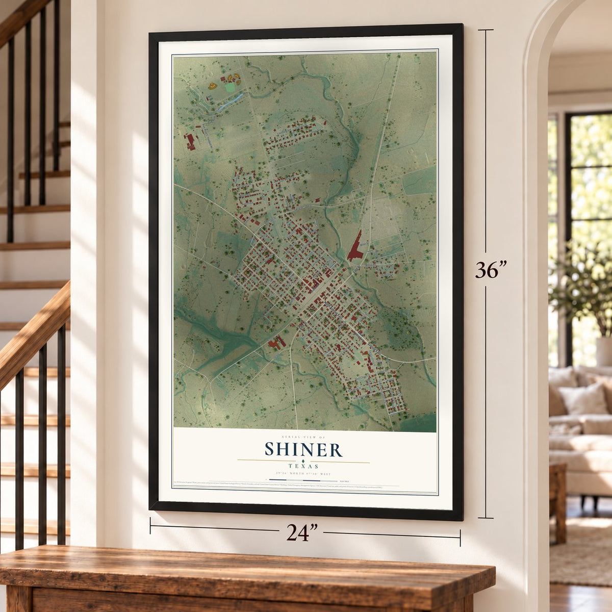 Shiner, Texas map, 24 x 36 inch print in a black frame by a staircase