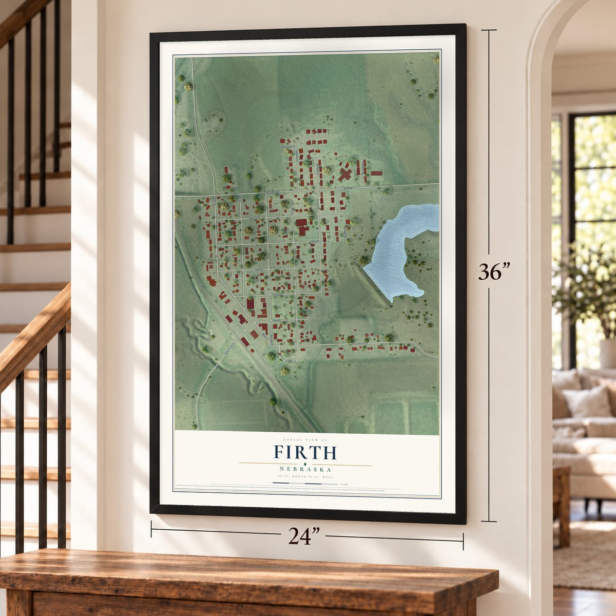 Firth, Nebraska map, 24 x 36 inch print in a black frame by a staircase