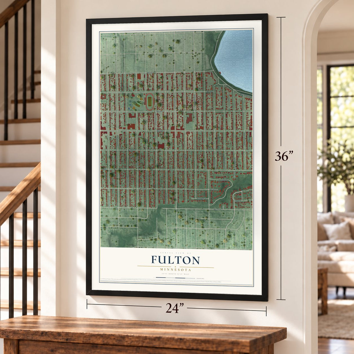 Fulton, Minnesota map, 24 x 36 inch print in a black frame by a staircase