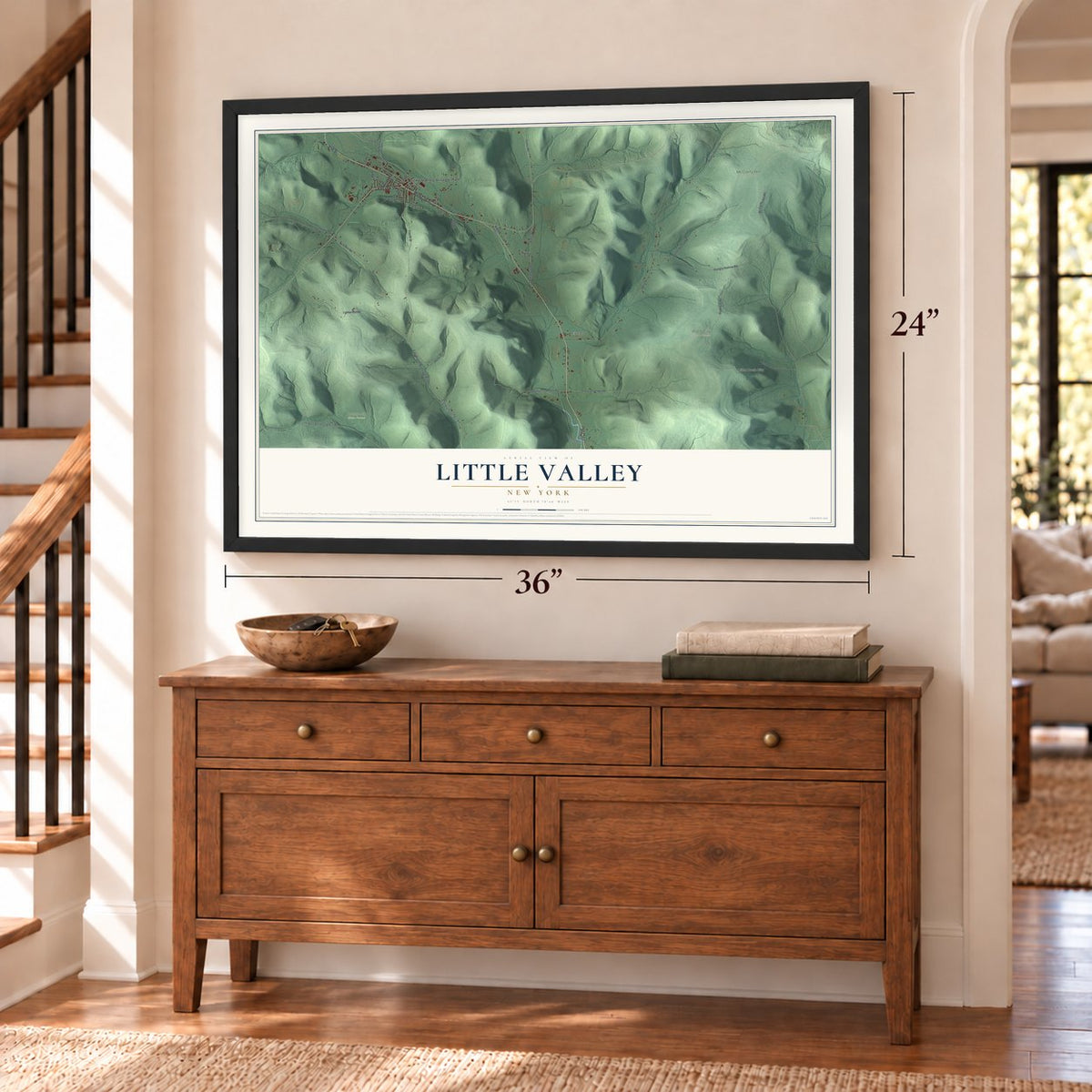 Little Valley, New York map, 24 x 36 inch print in a black frame above a dresser by a staircase