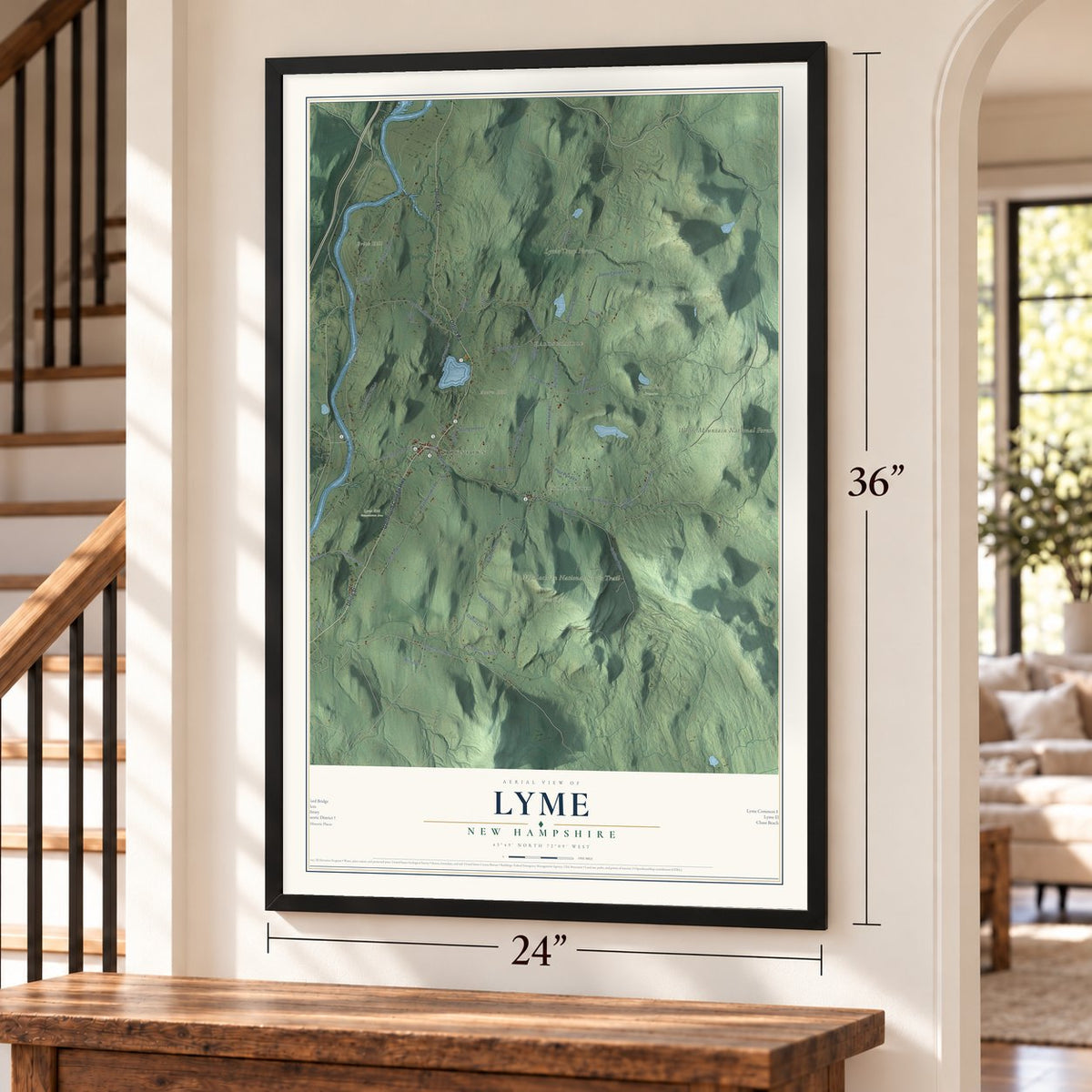 Lyme, New Hampshire map, 24 x 36 inch print in a black frame by a staircase