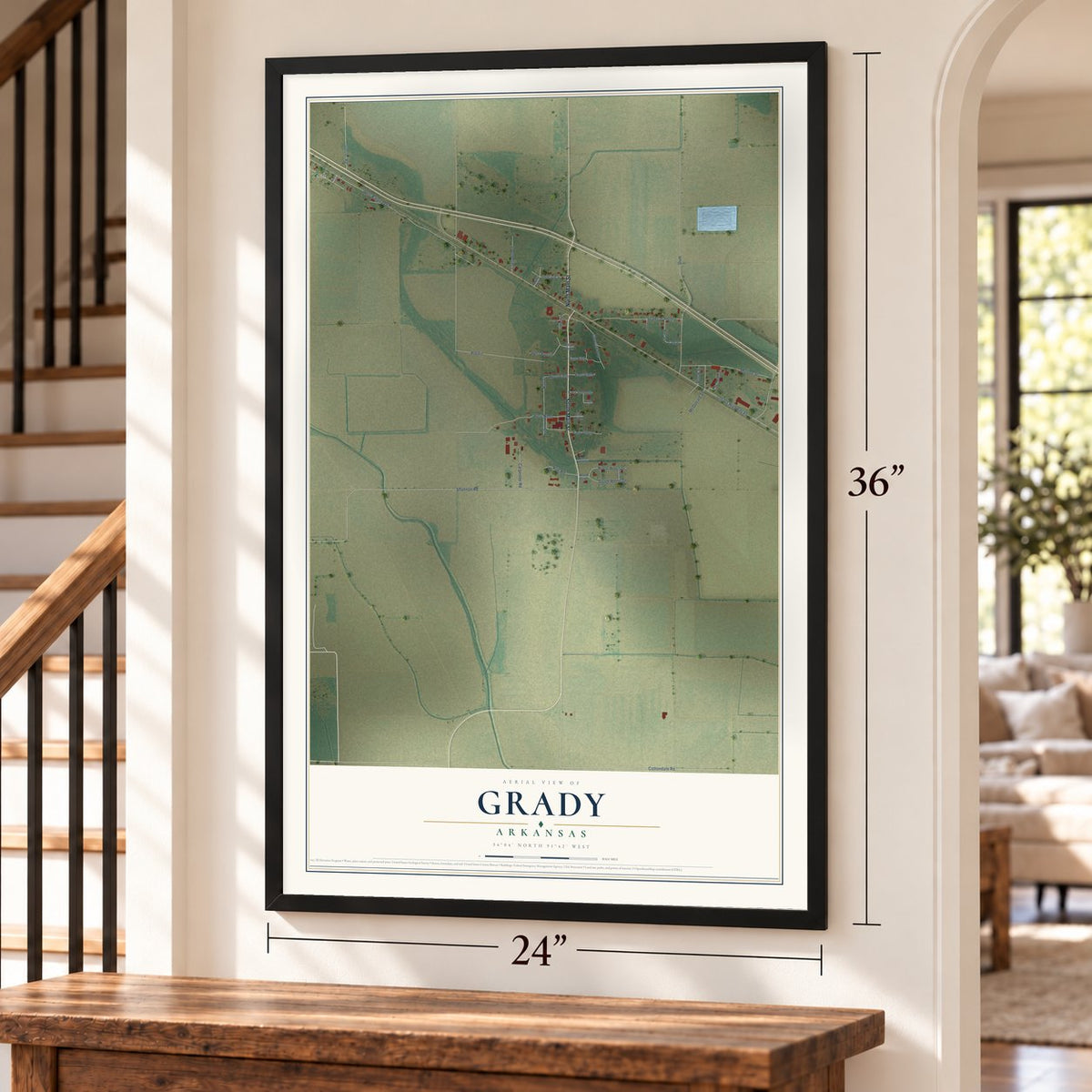 Grady, Arkansas map, 24 x 36 inch print in a black frame by a staircase