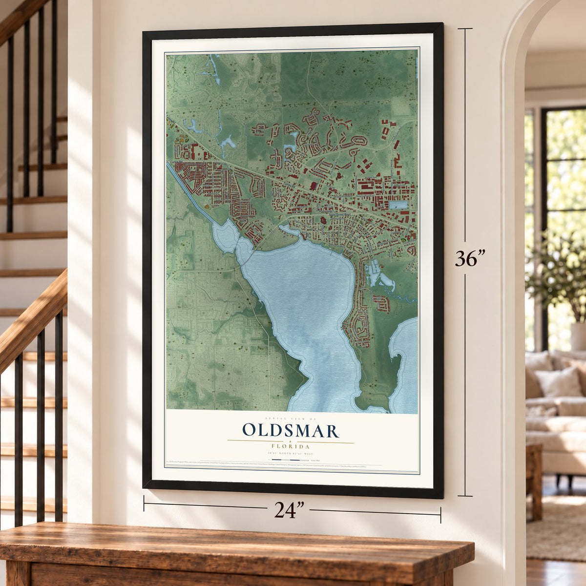 Oldsmar, Florida map, 24 x 36 inch print in a black frame by a staircase