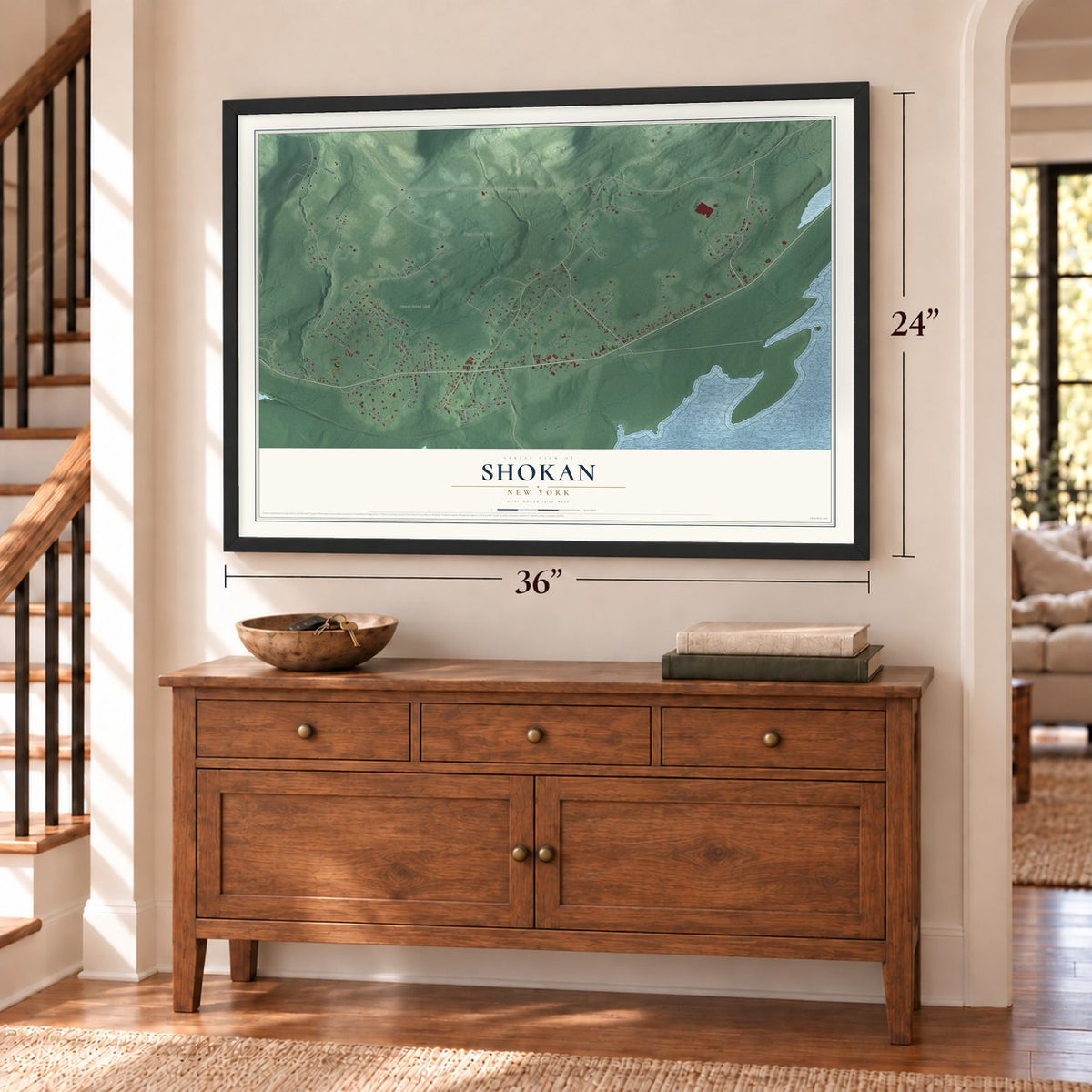 Shokan, New York map, 24 x 36 inch print in a black frame above a dresser by a staircase