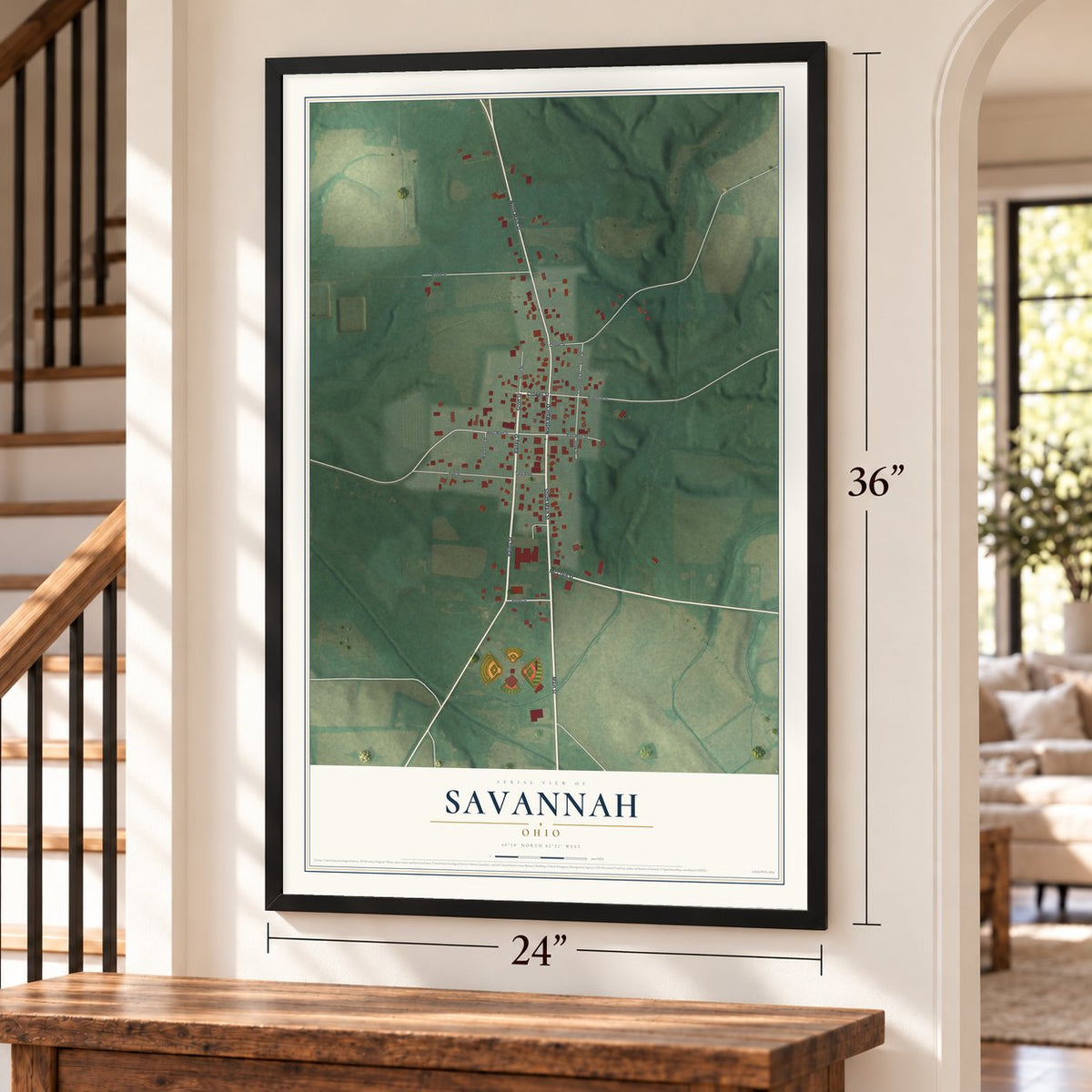 Savannah, Ohio map, 24 x 36 inch print in a black frame by a staircase