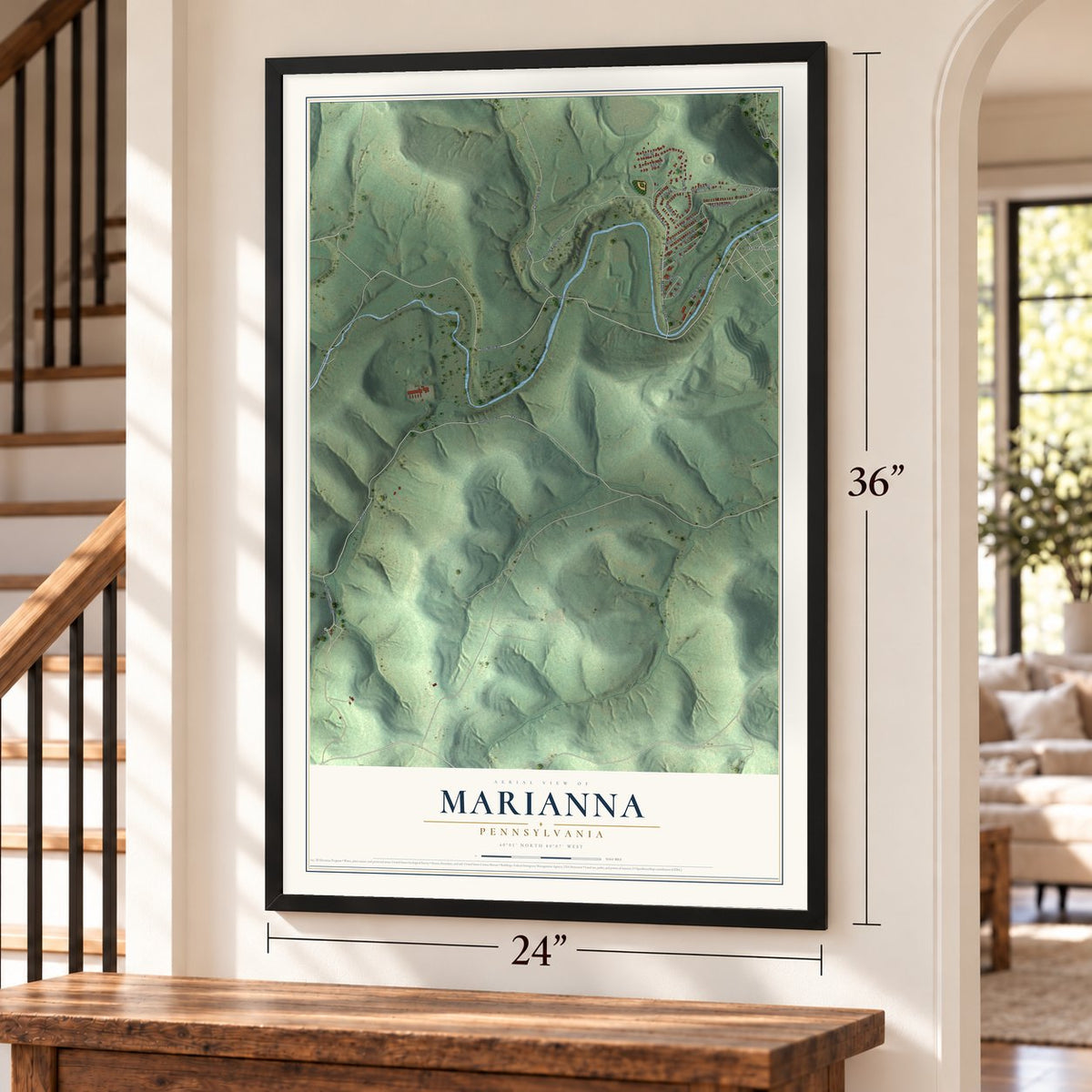 Marianna, Pennsylvania map, 24 x 36 inch print in a black frame by a staircase