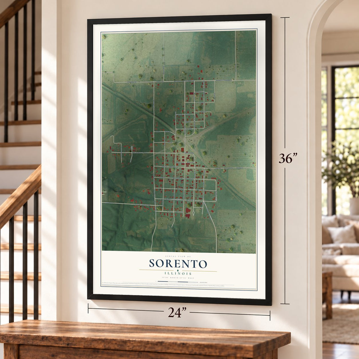 Sorento, Illinois map, 24 x 36 inch print in a black frame by a staircase