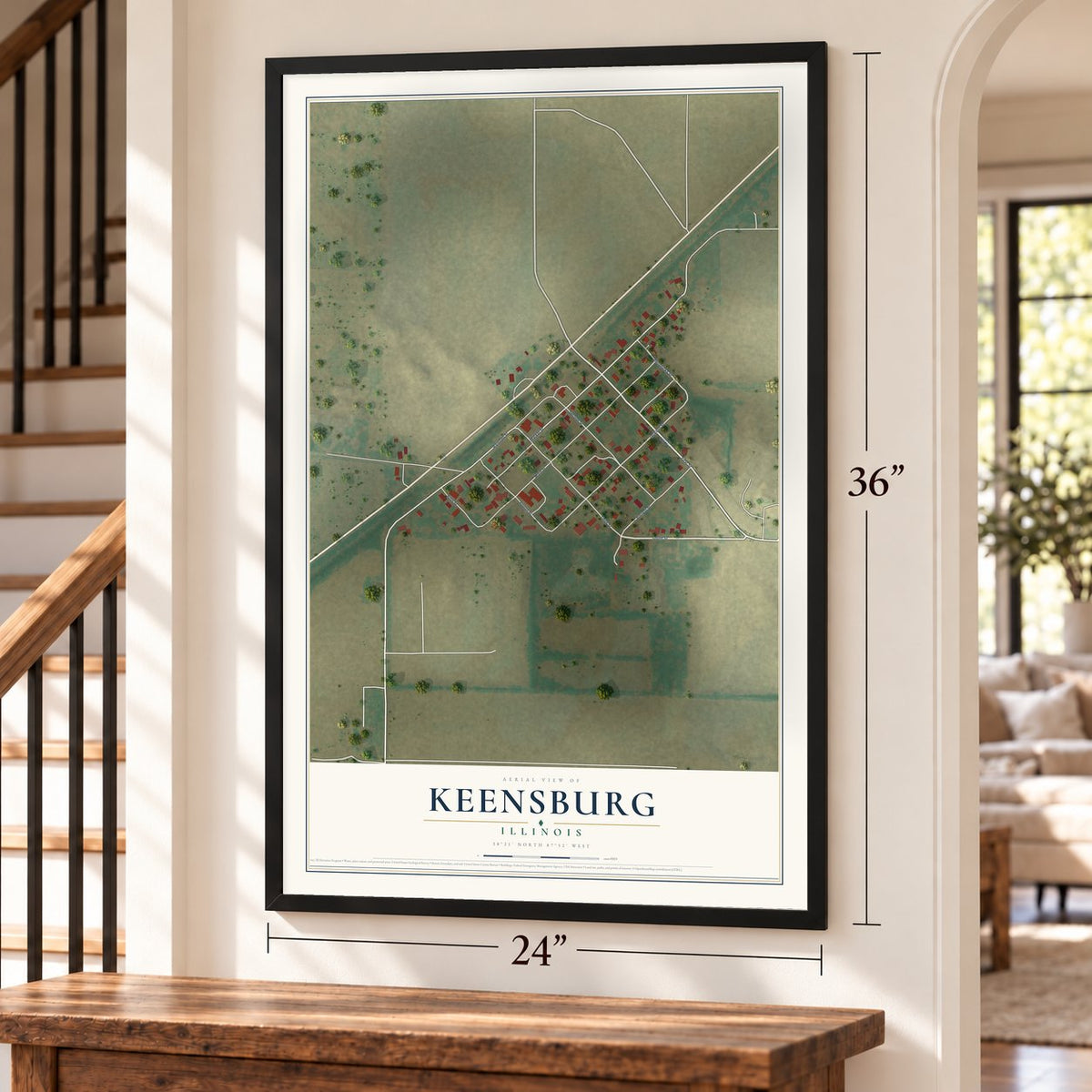 Keensburg, Illinois map, 24 x 36 inch print in a black frame by a staircase