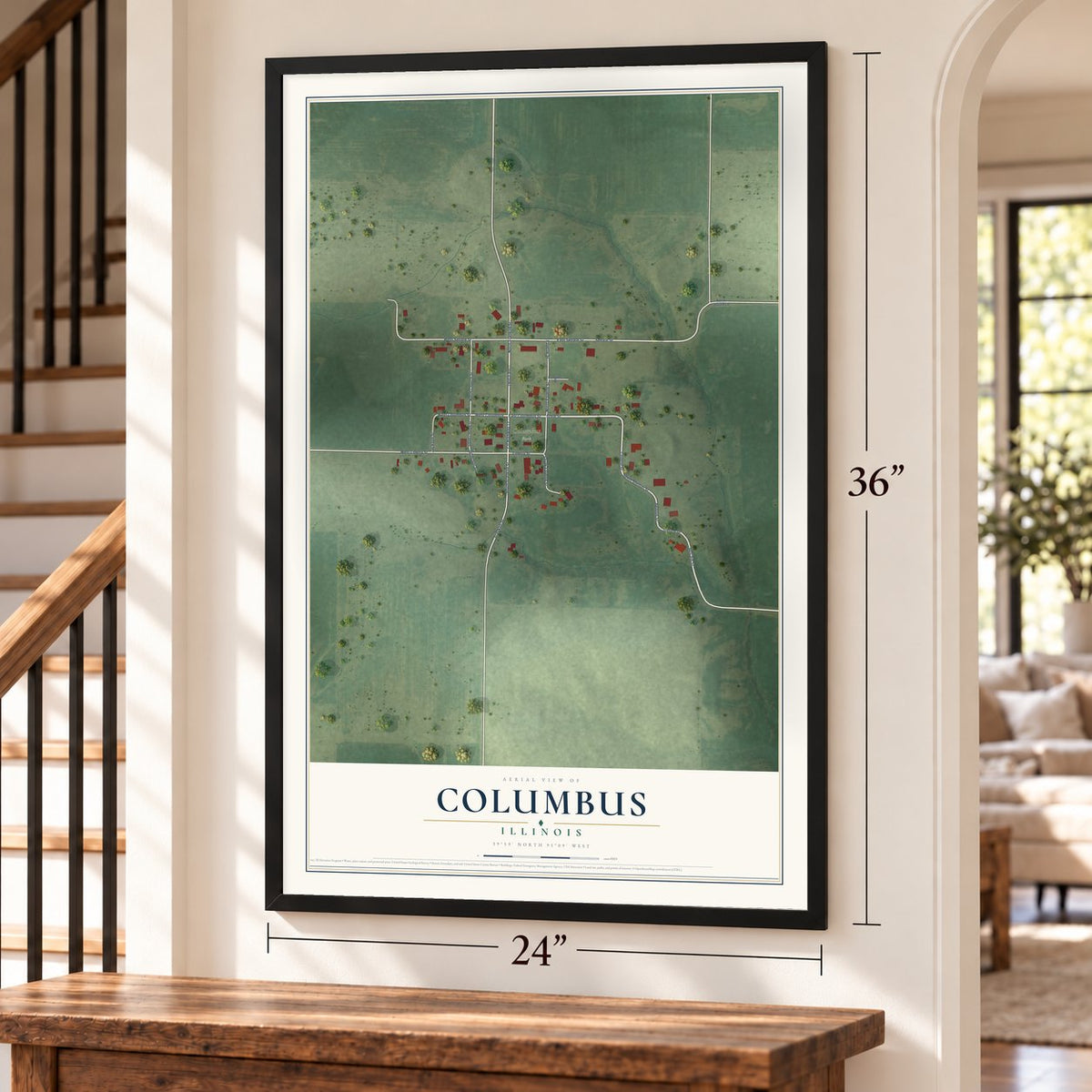 Columbus, Illinois map, 24 x 36 inch print in a black frame by a staircase