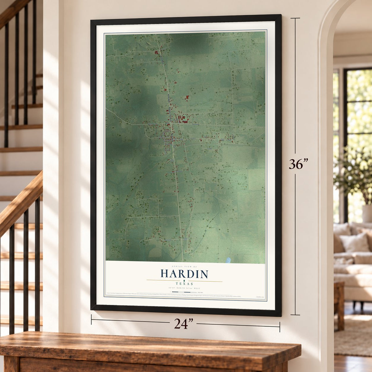 Hardin, Texas map, 24 x 36 inch print in a black frame by a staircase