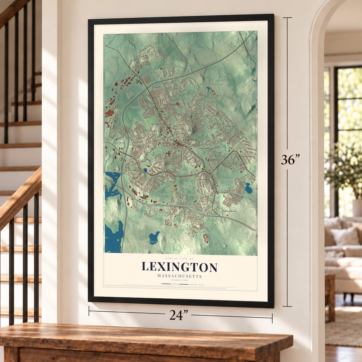 Lexington, Massachusetts map, 24 x 36 inch print in a black frame by a staircase