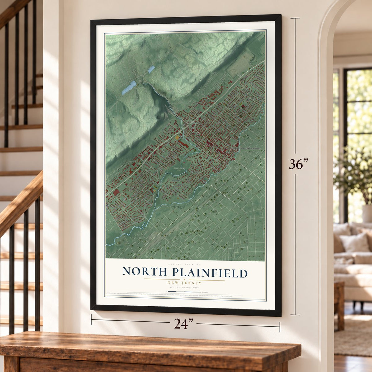 North Plainfield, New Jersey map, 24 x 36 inch print in a black frame by a staircase