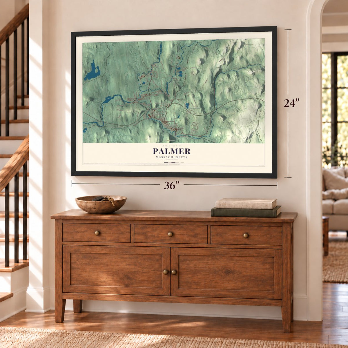 Palmer, Massachusetts map, 24 x 36 inch print in a black frame above a dresser by a staircase